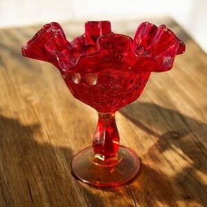 VINTAGE RED CARNIVAL GLASS COMPOTE WITH RUFFLED EDGE